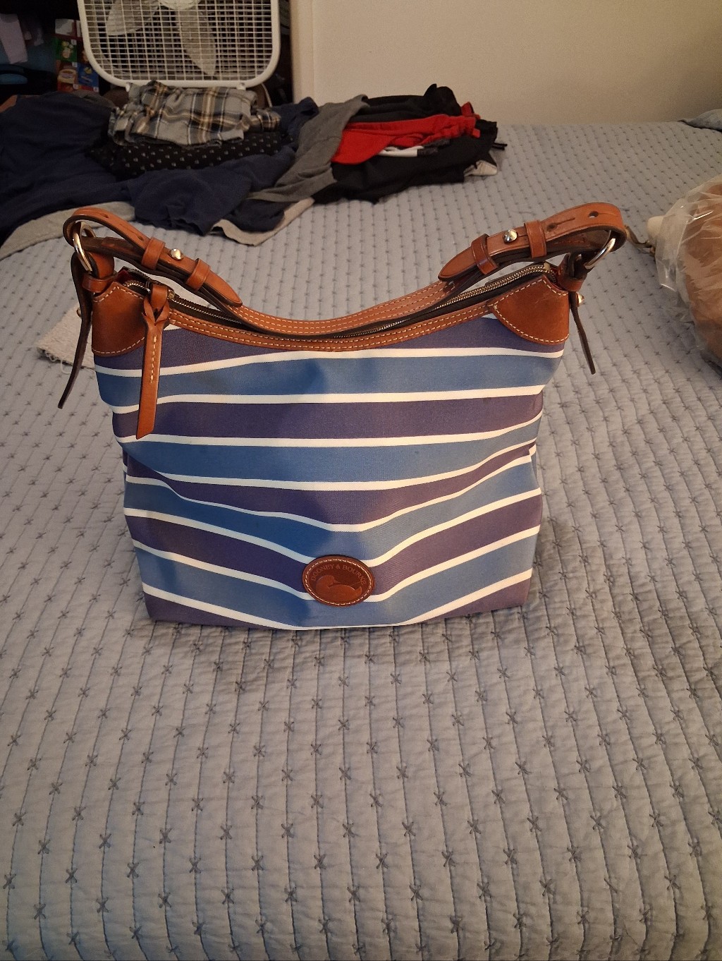 Dooney & Bourke Blue And White Striped Shoulder Bag With Tan Trim